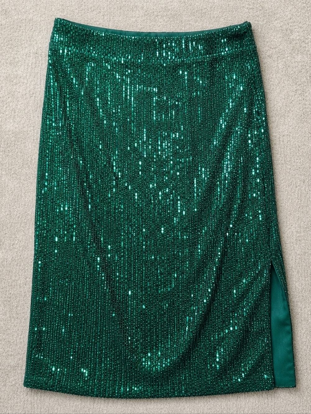 Vine & Love Emerald Green Sequin Midi Skirt L Side Slit Party Glam